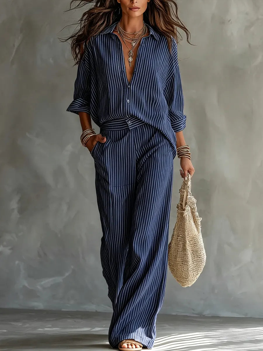 Abito a righe in stile minimalista in cotone e lino