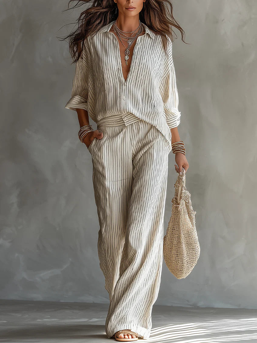 Abito a righe in stile minimalista in cotone e lino