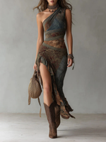 Abito elasticizzato in stile boho con spalle scoperte, asimmetrico e orlo a balze